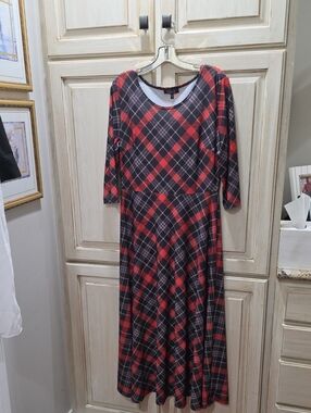 LBISSE 3/4 sleeve fit and flare maxi dress in red and black plaid